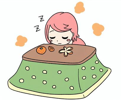 桃色の女の子がこたつで寝ている こたつ,冬,みかん,うたたね,居眠り,寝ている,ほっこり,のんびり,リラックス,休憩のイラスト素材
