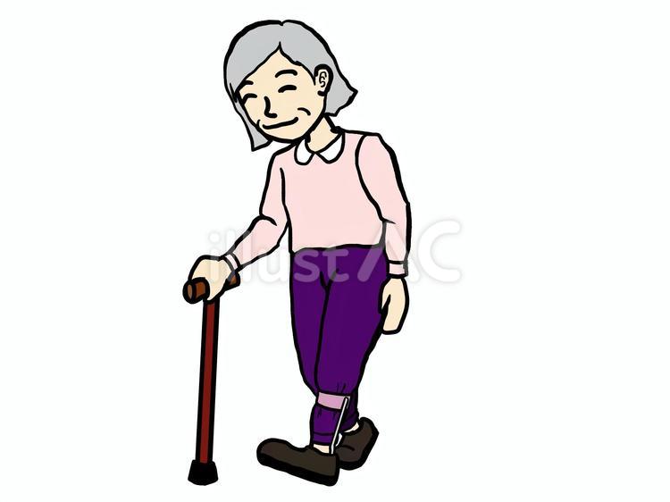 短下肢装具を付けて杖歩行するおばあさん 短下肢装具,杖,歩行のイラスト素材