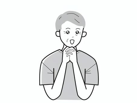 手を組んで目を潤ませるシニア男性／白黒 上半身,半袖,両手,潤ませる,キラキラ,おじいさん,老人,高齢者,シニア,高齢男性のイラスト素材