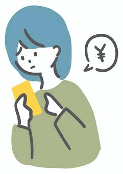 家計管理をする女性　悩み 女性,家計簿,家計管理,スマホ,悩み,困る,困惑,シンプル,ラフタッチ,手書き風のイラスト素材