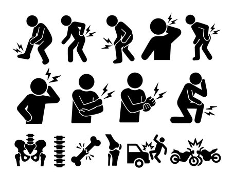 痛みを表現したピクトグラムセット 交通事故,バイク,骨,骨盤,痛み,腰痛,捻挫,膝痛,人,セットのイラスト素材