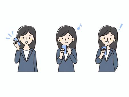 スマホを持った女性(スーツ)の表情セット