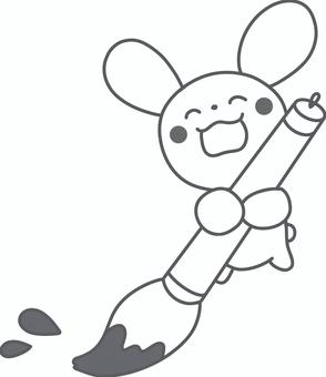 大きな筆で書き初めをするうさぎ　線画 筆,うさぎ,笑顔,書き初め,書道,かわいい,手描き,イラスト,シンプル,キャラクターのイラスト素材