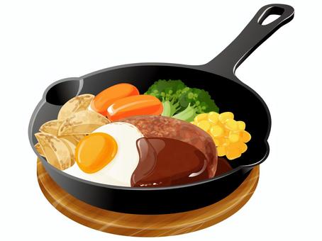 目玉焼きハンバーグ(スキレット) 目玉焼きハンバーグ(スキレット) ハンバーグ,目玉焼き,洋食,料理,食べ物,肉,卵,ベイクドポテト,にんじん,コーンのイラスト素材