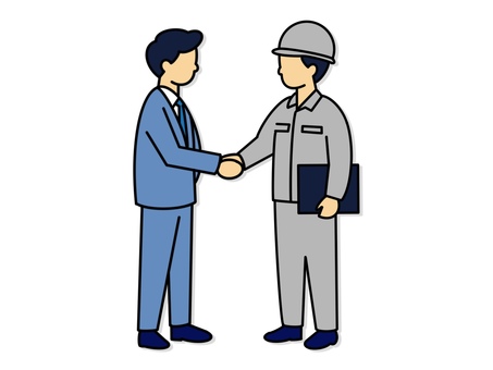 会社員と建設業作業員が握手したアイコン ビジネスマン,会社員,サラリーマン,作業員,握手,建設業,異業種,協業,連携,協力のイラスト素材