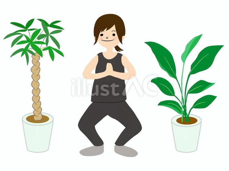 自宅でフィットネスをする女性（主線なし） フィットネス,女性,観葉植物のイラスト素材