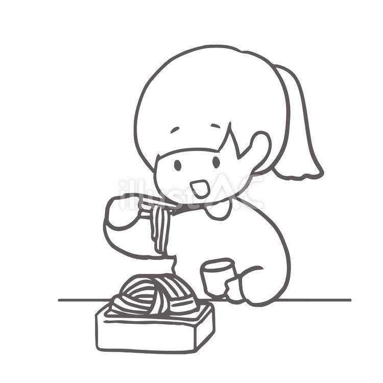 蕎麦を食べる女の子（線画） 女の子,人物,かわいいのイラスト素材