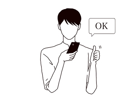 スマホを持つ男性　OK ok,男性,スマホ,片手,持つ,グッドサイン,いいね,正面,顔なし,線画のイラスト素材