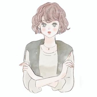 腕組みをした不満そうな女性(ボブ) 女性,大人女子,大人可愛い,ボブ,ウェーブヘア,不満,怒り,クレーム,注意,腕組みのイラスト素材