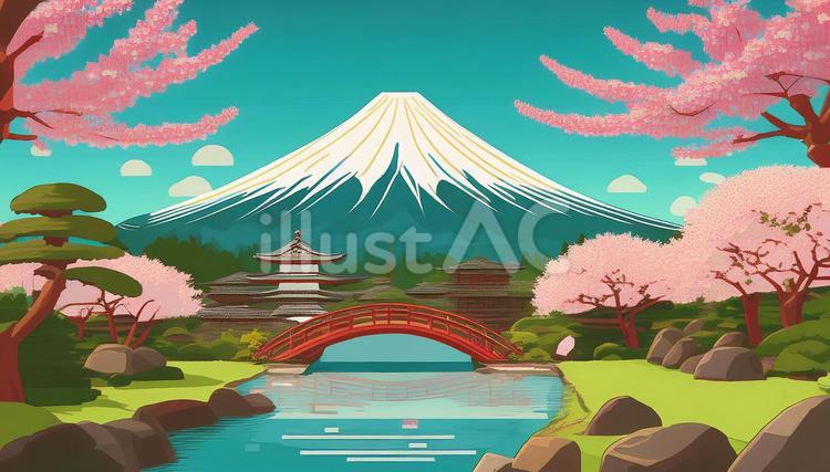 富士山と桜と日本庭園の背景 富士山,背景,桜のイラスト素材