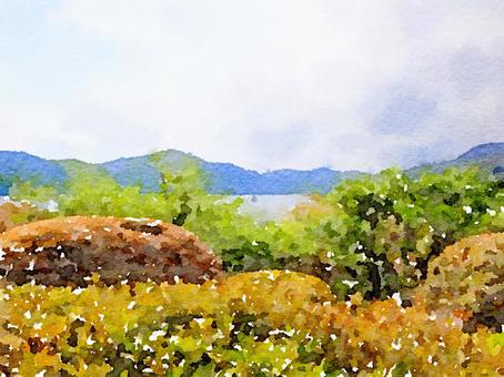 芦ノ湖と山の風景を描いた癒しの日本の自然 芦ノ湖,箱根,水彩画風,湖の風景,日本の自然,穏やかな景色,風景画,癒しの風景,湖畔,静かな湖のイラスト素材