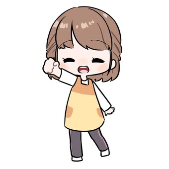 グーの手を挙げるエプロン姿の女性 女性,主婦,仕事,職業,エプロン,保育士,人,人物,立ち絵,全身のイラスト素材