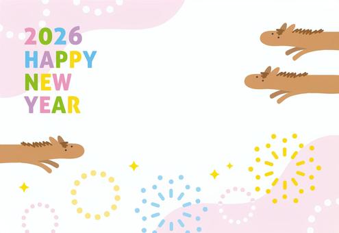2026年午年かわいい年賀状、馬と花火4 年賀状,馬,花火,午年,2026,2026年,正月,お正月,おしゃれ,手描きのイラスト素材