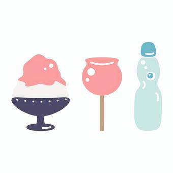 夏祭りの屋台スイーツイラスト 夏,かき氷,りんご飴,ラムネ,アイコン,和風,屋台,露店,縁日,祭りのイラスト素材