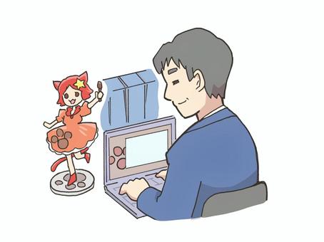 会社の机にフィギュアを飾る男性 フィギュア,推し活,オフィス,仕事,男性,ノートパソコン,デスク,スーツ,人形,かわいいのイラスト素材