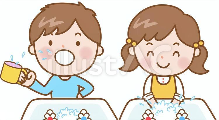うがいと手洗い：男の子と女の子 うがい,手洗い,予防のイラスト素材