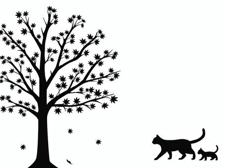 猫と紅葉のシルエット背景（ブラック） 猫,紅葉,木,シルエット,テンプレート,壁紙,自然,親子,落ち葉,和風のイラスト素材