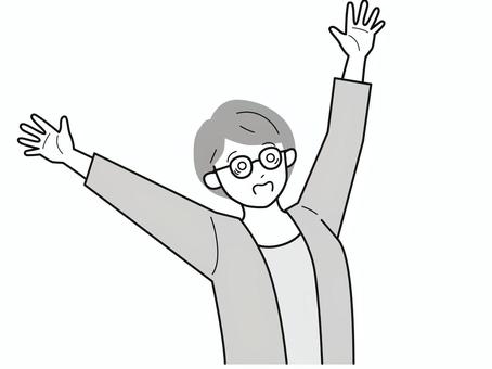 両手を上げて困惑する働く女性A/白黒 両手を上げて困惑する働く女性A/白黒 両手,女性,お母さん,会社員,キャリアウーマン,アドバイザー,30代,40代,オフィスカジュアル,眼鏡のイラスト素材