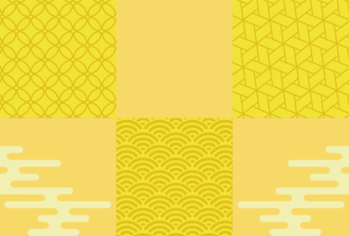 和柄(３柄)をあしらったポストカードー黄 背景,和風,和柄,七宝,青海波,網代麻の葉,イエロー,かすみ,年賀状,日本のイラスト素材