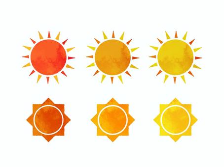 かわいい太陽6種類 太陽,天気予報,天気,天気マーク,記号,晴れ,オレンジ,黄色,マーク,アイコンのイラスト素材