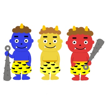 赤鬼と青鬼と黄鬼さん　手描き 鬼,赤鬼,青鬼,黄鬼,黄色い鬼,節分,行事,保育園,幼稚園,特別支援のイラスト素材