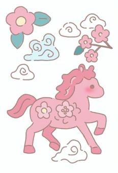 ピンクの正月馬セット ピンク,かわいい,ガーリー,馬,干支,午年,動物,正月,年賀状,和風のイラスト素材