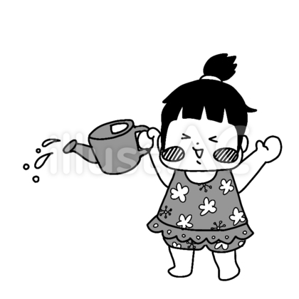 じょうろで水遊びをする女の子(白黒)