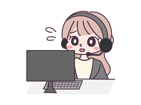 対応に困るオペレーターの女の子のイラスト ビジネス,オペレーター,電話,困る,電話対応,コールセンター,テレアポ,ベクター,手描き,女性のイラスト素材