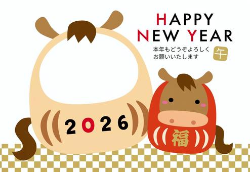 2026年午年の干支だるまフォト年賀状2 年賀状,2026年,午,干支だるま,フォトフレーム,写真,枠,午年,はがき,テンプレートのイラスト素材