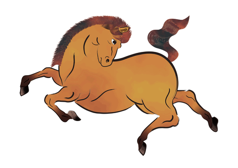馬イラスト45 馬,栗毛,裸馬,見返り,午,干支,十二支,筆書き,水彩,動物のイラスト素材