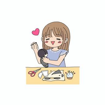推しのぬいぐるみを縫う女性 推し活,推しぬい,ぬい活,女性,茶髪,裁縫,推し,ぬいぐるみ,人形,オタ活のイラスト素材