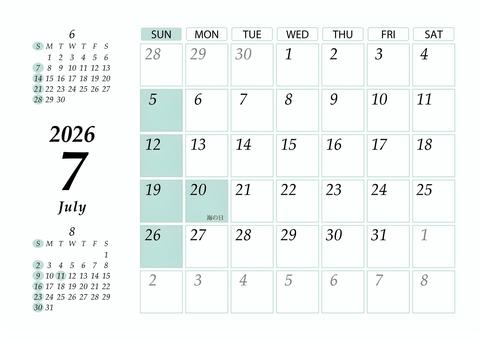 2026 7月 日曜始 カレンダー 横 カレンダー,2026年,2026,令和8,r8,7月,7,july,a4,マンスリーのイラスト素材