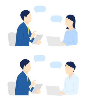 打ち合わせするビジネスパーソンのイラスト ビジネスパーソン,ビジネスマン,ビジネスウーマン,打ち合わせ,ミーティング,面談,ワンオンワン,会話,説明,コミュニケーションのイラスト素材