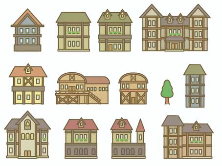村の建物セット 村,街,街並み,セット,住居,屋敷,木,西洋,建物,家のイラスト素材