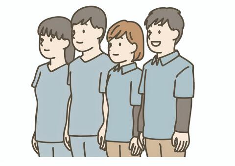 笑顔で並んで前を向く介護士・医療スタッフ 介護士,看護師,医療従事者,スタッフ,チーム,集合,並ぶ,笑顔,介護,医療のイラスト素材