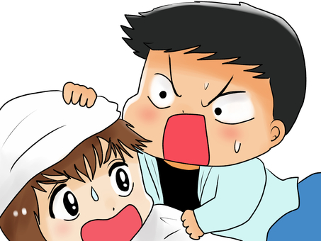 無理やり帽子をかぶせる男性 男性,喧嘩,汗,怒る,驚く,帽子のイラスト素材