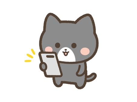 スマホを眺めるねこ（黒ネコ） ねこ,スマホ,見る,気付く,眺める,携帯,スマートフォン,日常,表情,かわいいのイラスト素材