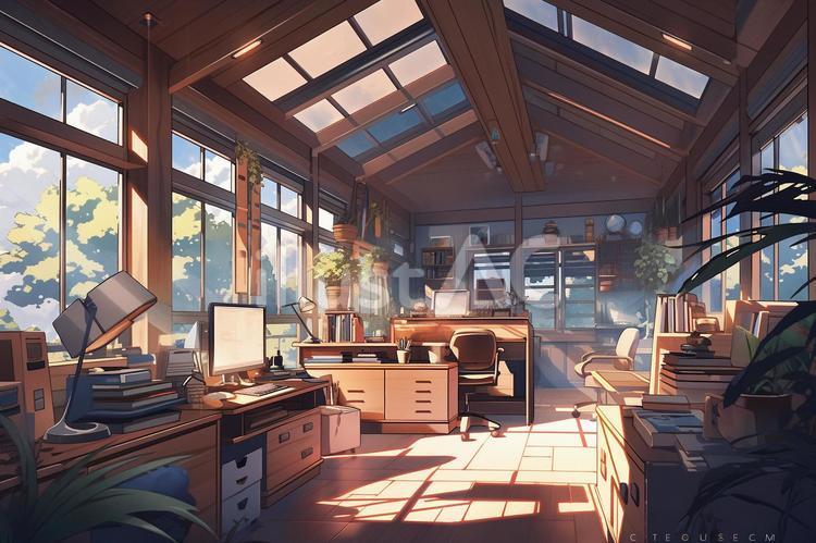 オフィスのアニメ背景 室内,建物,窓のイラスト素材