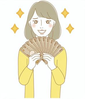 お金を持つ女性 女性,人物,大人,お金,十万円,キラキラ,一万円,主婦,お母さん,ママのイラスト素材