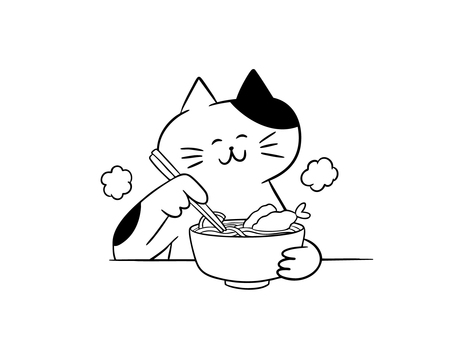 温かいうどんを食べる猫（モノクロ） 猫,うどん,煮込みうどん,かけうどん,天ぷらうどん,海老天,天ぷら,暮らし,かわいい,ゆるいのイラスト素材