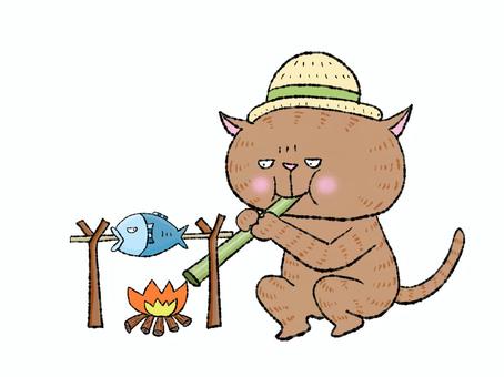 キャンプニャンコ（魚）茶トラ キャンプ,飯,焚き火,猫,炎,キャンプ場,料理,調理,直火,炭火のイラスト素材