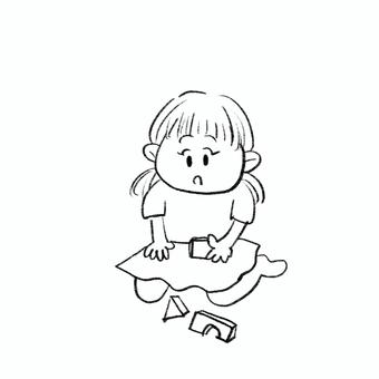 積み木で遊ぶ女の子　白黒 女の子,子供,赤ちゃん,積み木,遊び,知育,知育玩具,かわいい,シンプル,白黒のイラスト素材