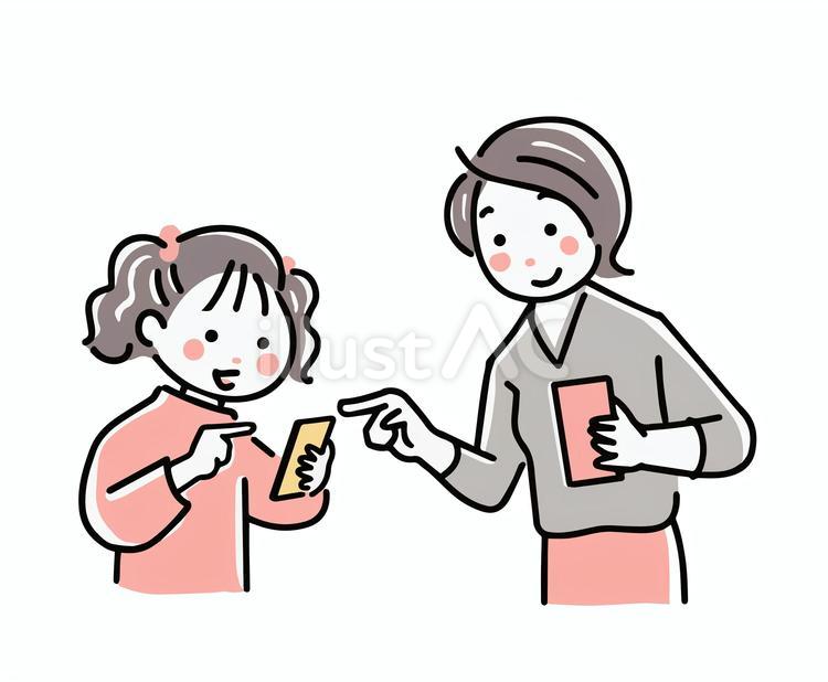 初めてのスマホ２＿小学生＿女子＿母　 スマホ,スマートフォン,女の子のイラスト素材