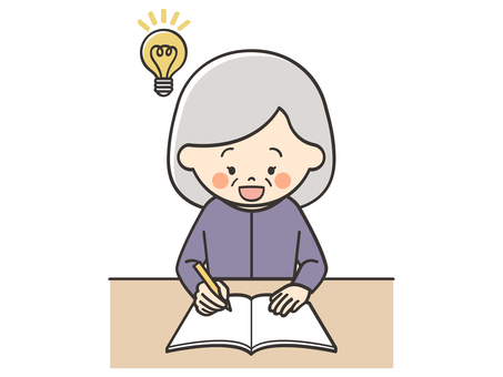 問題が解けるおばあさん 勉強,学習,学ぶ,アイデア,思いつく,思い出す,メモ,解決,問題,わかるのイラスト素材