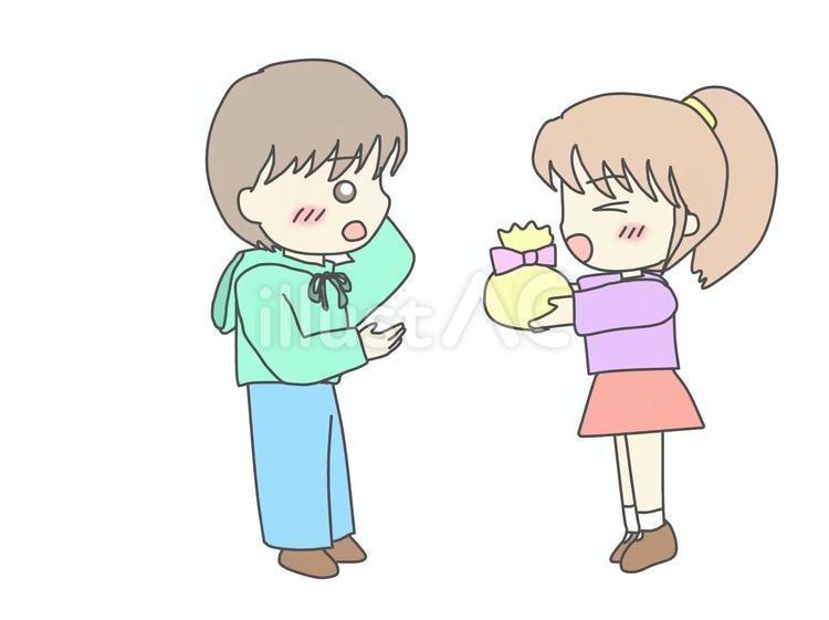 プレゼントを渡す女の子と照れる男の子 バレンタイン,プレゼント,告白のイラスト素材