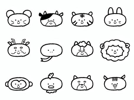 かわいい表情の干支のセット（線のみ） ねずみ,うし,とら,うさぎ,たつ,へび,うま,ひつじ,さる,とりのイラスト素材