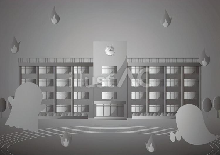 モノトーンの学校の怪談のイメージ背景素材 学校,お化け,火の玉のイラスト素材