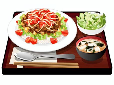タコライス定食 タコライス,定食,料理,食べ物,味噌汁,ネギ,豆腐,わかめ,サラダ,レタスのイラスト素材
