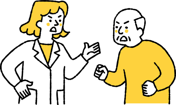 口論する高齢患者と女性医師 口論,高齢患者,老人,シニア,女性,男性,医師,医者,病院,白衣のイラスト素材