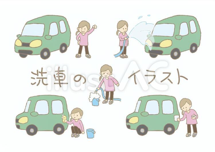 セルフ洗車をする女性5点セット（緑の車） セルフ,洗車,自動車のイラスト素材